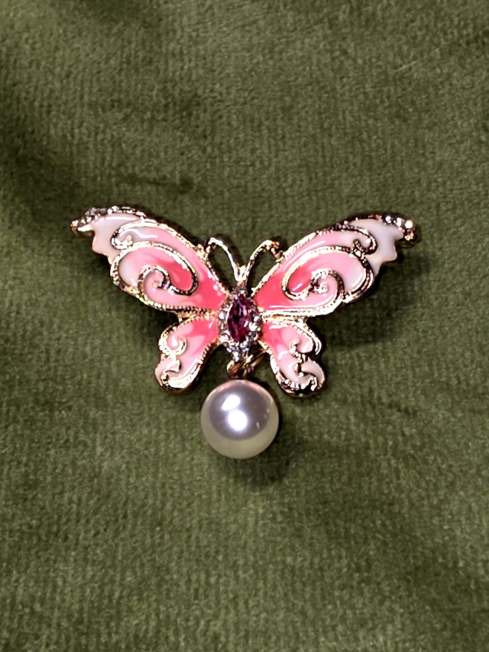 Source Unknown Pink Enamel Butterfly Brooch with Pearl Drop